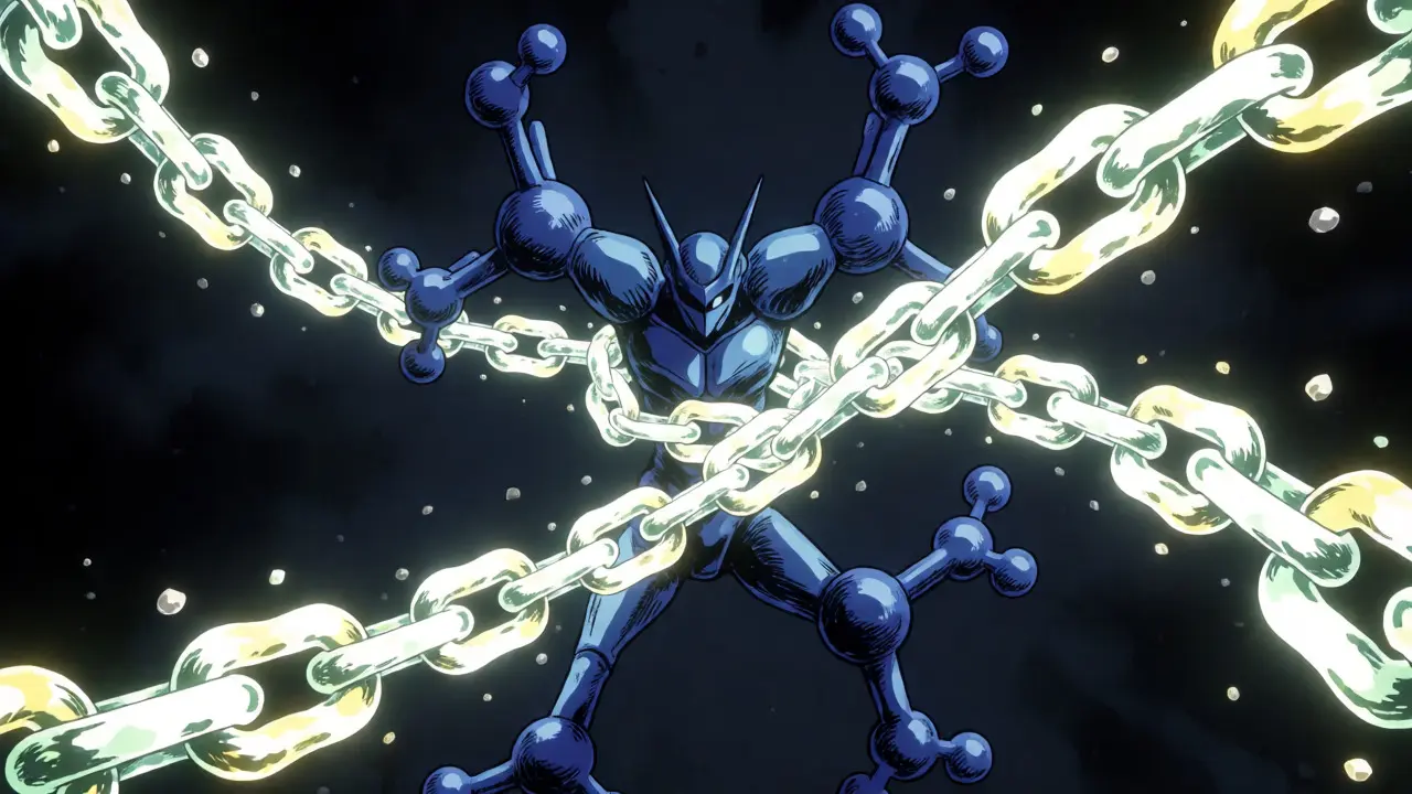 Antibiotic molecule trapped by glowing mineral chains in a shounen anime scene.