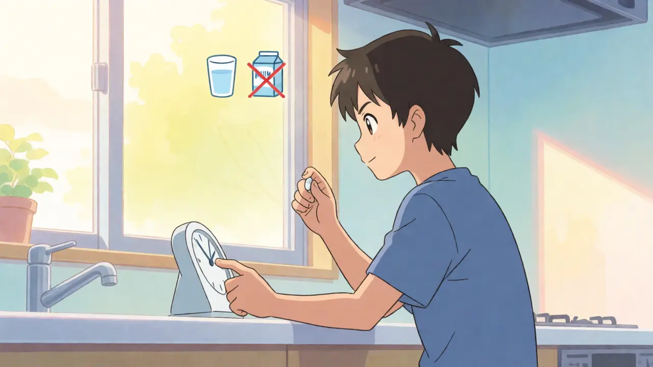 Character carefully timing medication intake in a bright, anime-style kitchen.
