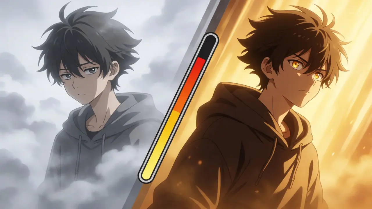 Split-screen anime art contrasting fragmented sleep with deep, energized rest.