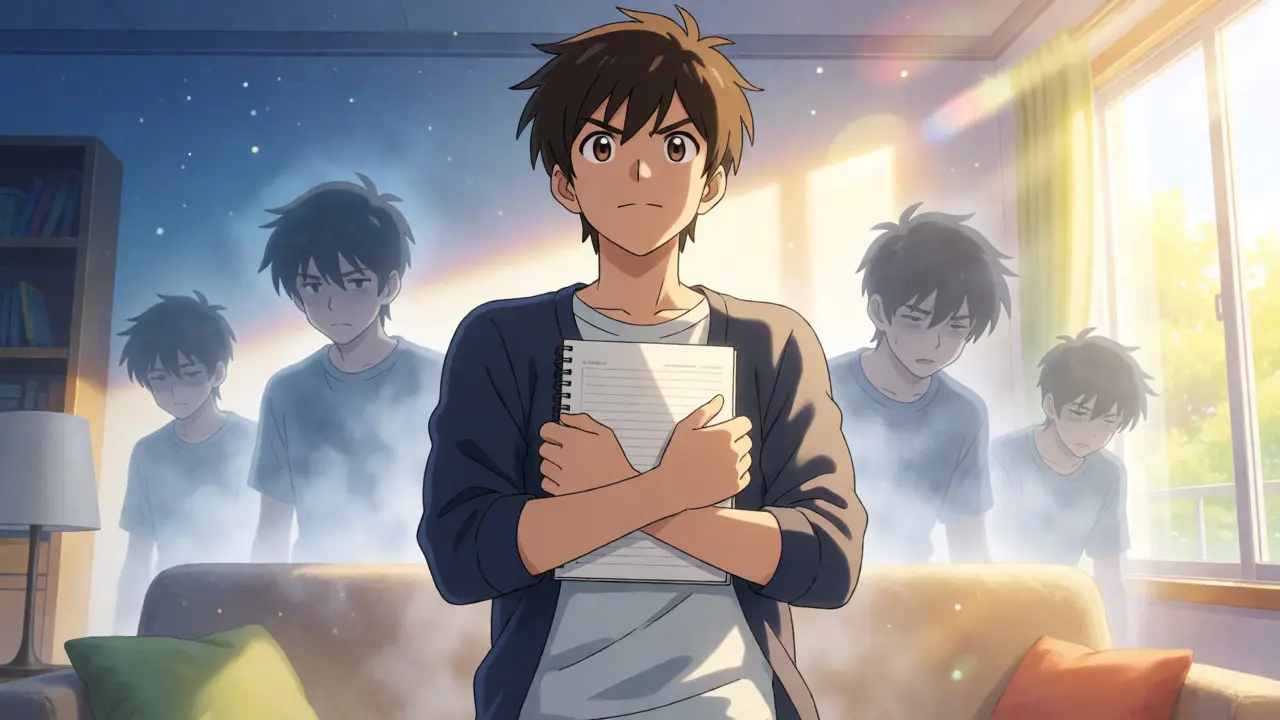 Triumphant anime character holding a sleep diary in sunlight, symbolizing recovery.